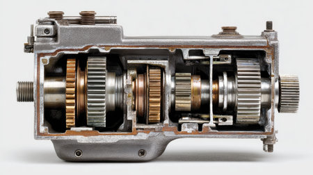 Explore a detailed cross-section of an industrial gearbox, revealing intricate internal mechanisms and metal components ideal for engineering studies and applications.の素材