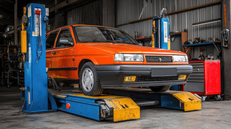 A classic orange car is positioned on a hydraulic lift in an automotive repair shop, highlighting the tools and environment used for vehicle maintenance and service.の素材
