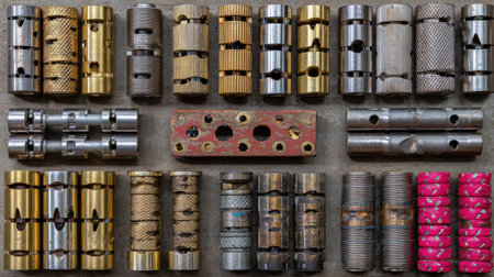 This image showcases a diverse array of industrial components meticulously arranged, highlighting the intricacies of metalwork and engineering design.の素材