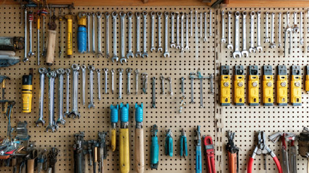 A well-organized pegboard features an extensive collection of hand tools, including wrenches, screwdrivers, and pliers, ideal for home maintenance tasks.の素材