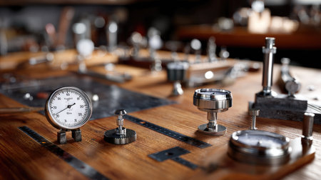 This image captures a detailed arrangement of vintage scientific instruments resting on a wooden table, highlighting craftsmanship and precision in a beautifully lit laboratory.の素材
