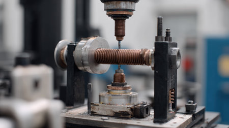 Closeup view of precision machinery involved in the manufacturing of electrical components, highlighting detailed copper windings and mechanical parts.の素材