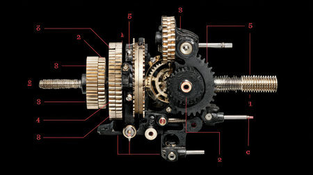 Explore a detailed close-up of a mechanical gear system featuring numbered components. The image focuses on intricate designs and engineering precision.の素材