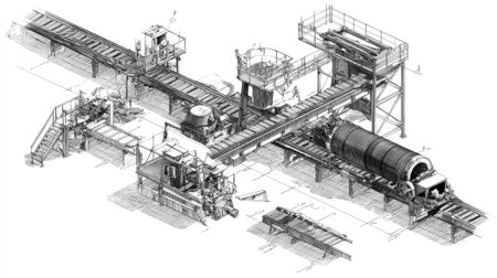 Detailed illustration of an industrial machinery layout showcases conveyor systems and processing equipment designed for efficient manufacturing operations.の素材