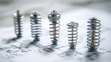 This image showcases a series of metal springs arranged elegantly alongside detailed engineering drawings. Ideal for concepts in industrial design and fabrication.の素材
