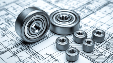 This image features metal bearings and fasteners placed on an architectural blueprint, illustrating key engineering design concepts and components used in machinery.の素材