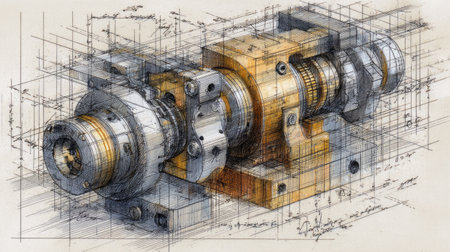 A detailed mechanical sketch showcasing a precision engine component with annotations, geometric frameworks, and lines illustrating technical aspects of design.の素材
