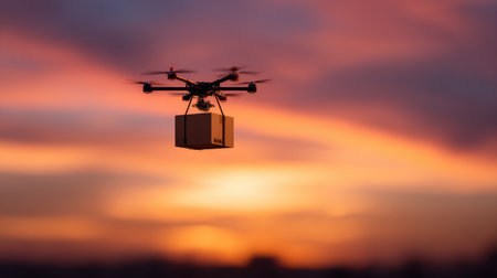 A drone hovers in the sky, carrying a delivery box against a vibrant sunset backdrop, showcasing the future of logistics and aerial transport.の素材