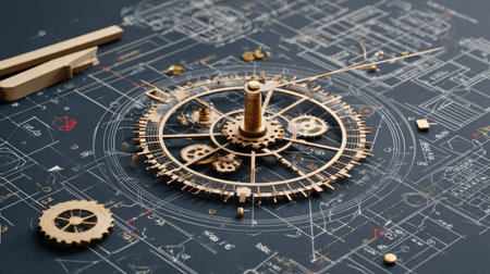 This captivating image features a vintage steampunk gear mechanism set against detailed blueprints, showcasing intricate design and engineering artistry.の素材