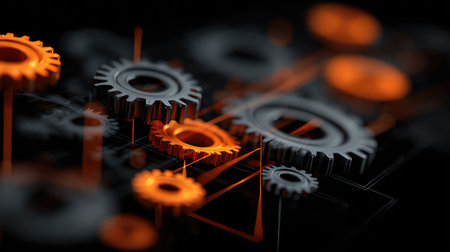 This image presents a dynamic close-up of black and orange gears, beautifully showcasing the interaction between mechanical components in a modern, abstract style.の素材