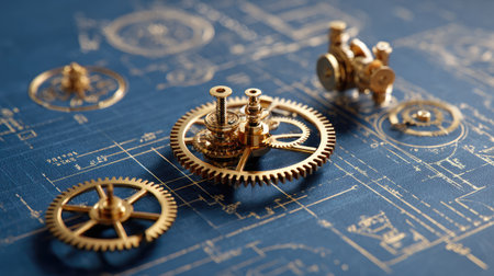 This close-up image features intricate vintage gears and mechanical components set against a detailed blueprint background, ideal for industrial design projects.の素材