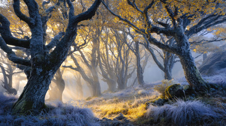 Discover a mystical forest adorned with twisted trees and golden leaves, bathed in soft sunlight amidst a dreamy mist, creating a serene natural ambiance.の素材