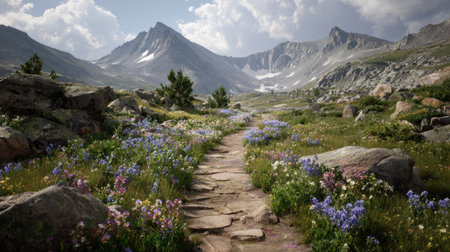A stunning view of a winding stone path leading through vibrant wildflowers, set against majestic mountains and a dramatic sky, inviting adventure.の素材