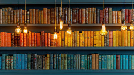 A vibrant display of books arranged neatly on shelves with stylish hanging light bulbs. This setup creates a warm, inviting atmosphere perfect for reading and relaxation in a cozy library.の素材