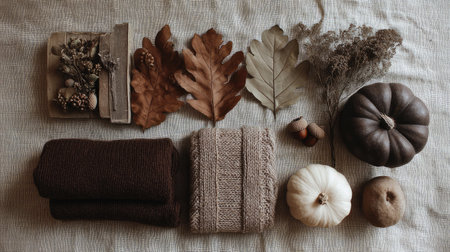 This cozy autumn arrangement features soft textiles, earthy leaves, and seasonal fruits beautifully displayed on a textured surface, showcasing fall's charm.の素材