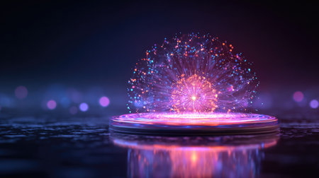 This stunning abstract image features a captivating display of colorful particles and glowing lights, reflecting beautifully on a smooth surface, evoking a sense of wonder and creativity.の素材