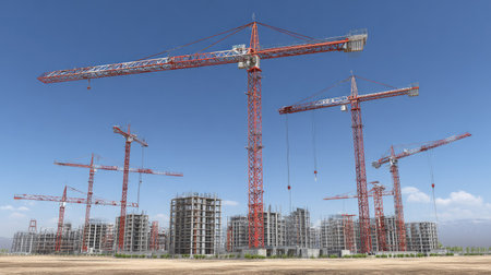A vibrant construction site showcases several red cranes working on multi-story buildings under a clear blue sky, symbolizing urban development and progress.の素材