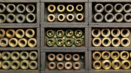 A visually appealing arrangement of various metal tubes and connectors housed in wooden compartments, showcasing a blend of vintage design and industrial elements.の素材