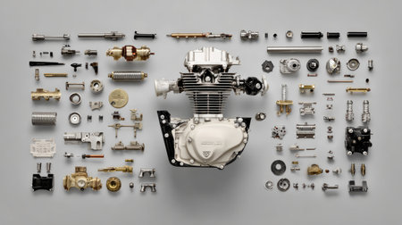 This image showcases a meticulously arranged collection of motorcycle engine components against a neutral gray backdrop, ideal for mechanical and engineering studies.の素材