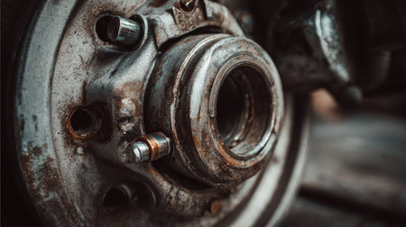 This image showcases a close-up view of a rusty wheel hub, highlighting intricate details and textures found on an old vehicle part. The industrial aesthetic emphasizes wear and age.の素材