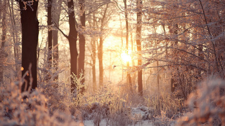A picturesque winter forest scene capturing frosted trees illuminated by warm golden sunlight breaking through morning mist, inviting a sense of tranquility and beauty.の素材