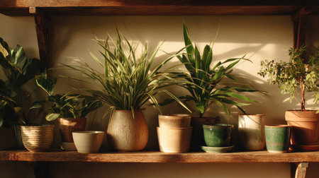 This image features a charming collection of indoor plants displayed on wooden shelves, illuminated by soft, natural light, creating a serene atmosphere.の素材