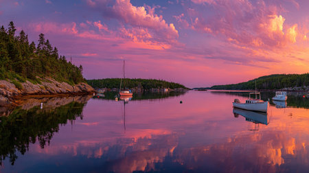 A breathtaking dawn scene at a coastal harbor, showcasing calm waters reflecting vibrant colors of the sky with boats gently floating, surrounded by lush greenery.の素材