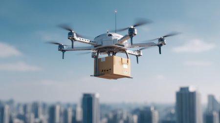 A high-tech drone is flying over a bustling city, delivering a package. This image illustrates modern logistics, innovation, and urban life in action.の素材