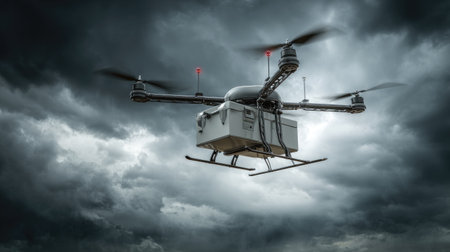 A captivating image of a drone flying against a backdrop of dark storm clouds, showcasing aerial technology in an innovative and dynamic setting.の素材