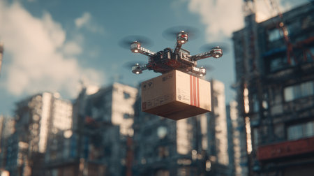 A drone hovers in the sky, delivering a package above a bustling urban landscape filled with high-rise buildings and a bright blue sky.の素材