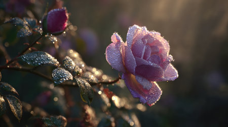 This stunning image features a purple rose adorned with shimmering dew drops, captured in soft morning light, highlighting its delicate beauty and vibrant colors.の素材