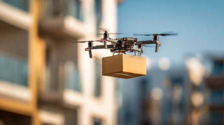 A drone hovers in the sky, delivering a package above a modern urban environment. The scene captures the essence of technology and innovation in logistics.の素材
