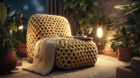 A cozy knitted armchair is beautifully set in a serene indoor environment, surrounded by lush plants and soft lighting, creating a warm and inviting atmosphere perfect for relaxation.の素材