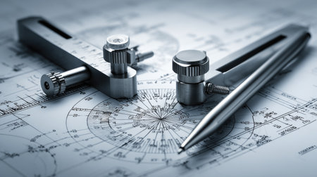 This image showcases precision instruments like a compass and pen, meticulously placed on a technical drawing background, symbolizing engineering creativity and accuracy.の素材