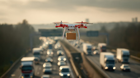 A delivery drone hovers above a busy highway, showcasing the intersection of technology and transport. This scene highlights modern logistics.の素材