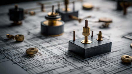 A meticulous arrangement of mechanical components sits on an engineering blueprint, highlighting the intricate relationship between design and functionality in innovation.の素材
