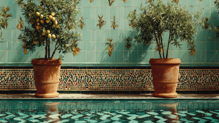 This captivating image showcases a tranquil pool surrounded by olive and lemon trees in decorative pots, complementing the stunning tile patterns.の素材