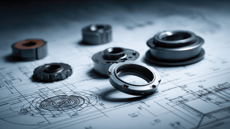 Close-up image of precision engineering components resting on detailed technical drawings, illustrating the intricate design and manufacturing process in a workshop setting.の素材