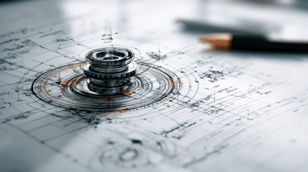 This image showcases a intricate mechanical engineering drawing featuring a central bearing design enhanced with measurement annotations, ideal for technical projects.の素材