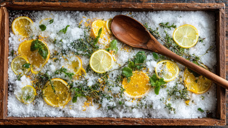 An exquisite arrangement of fresh lemon slices and vibrant herbs spread over coarse salt in a rustic wooden tray, showcasing a delightful culinary presentation.の素材