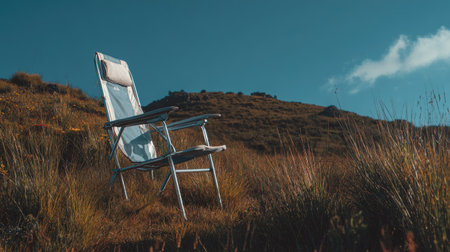 A solitary chair positioned gracefully on a hillside, surrounded by vibrant grass under a clear blue sky, creating a perfect relaxing outdoor retreat.の素材