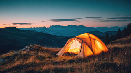 A beautifully lit tent stands under a twilight sky in the mountains, creating a peaceful atmosphere ideal for camping enthusiasts. The serene landscape invites relaxation and adventure.の素材
