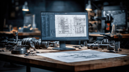 A detailed technical blueprint is displayed on a monitor at a workstation surrounded by various tools and machinery, highlighting engineering creativity and design innovation.の素材