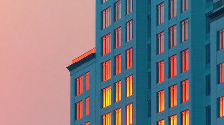 This image features a modern urban building showcasing reflective windows bathed in warm sunset colors, creating a captivating visual impact.の素材