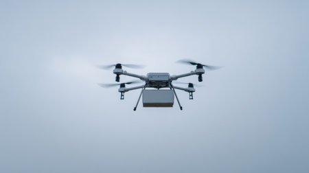 A drone equipped with a package hovers in a cloudy sky, exemplifying modern technology in delivery services and aerial inspections.の素材