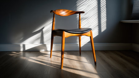 A beautifully crafted mid-century modern chair featuring a wooden frame and leather seat, casting soft shadows in a serene indoor setting.の素材
