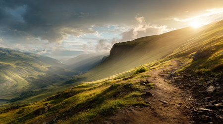 This breathtaking mountain landscape captures the essence of serenity at sunset, showcasing rolling hills, dramatic clouds, and a winding path.の素材