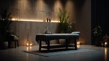 This serene spa space features a massage table, soft lighting, and lush greenery, creating an inviting atmosphere for relaxation and rejuvenation.の素材