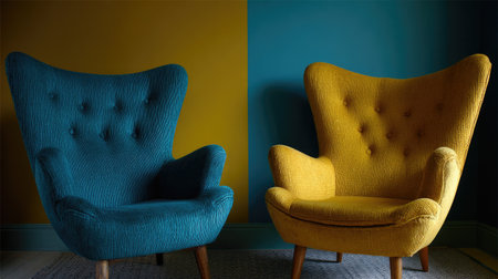 Two beautifully designed armchairs in contrasting vibrant colors sit against a modern backdrop, showcasing elegance and comfort in interior design.の素材
