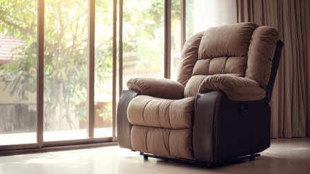 A plush recliner chair positioned in a bright living room. Soft fabric and inviting design create a tranquil atmosphere filled with natural light.の素材